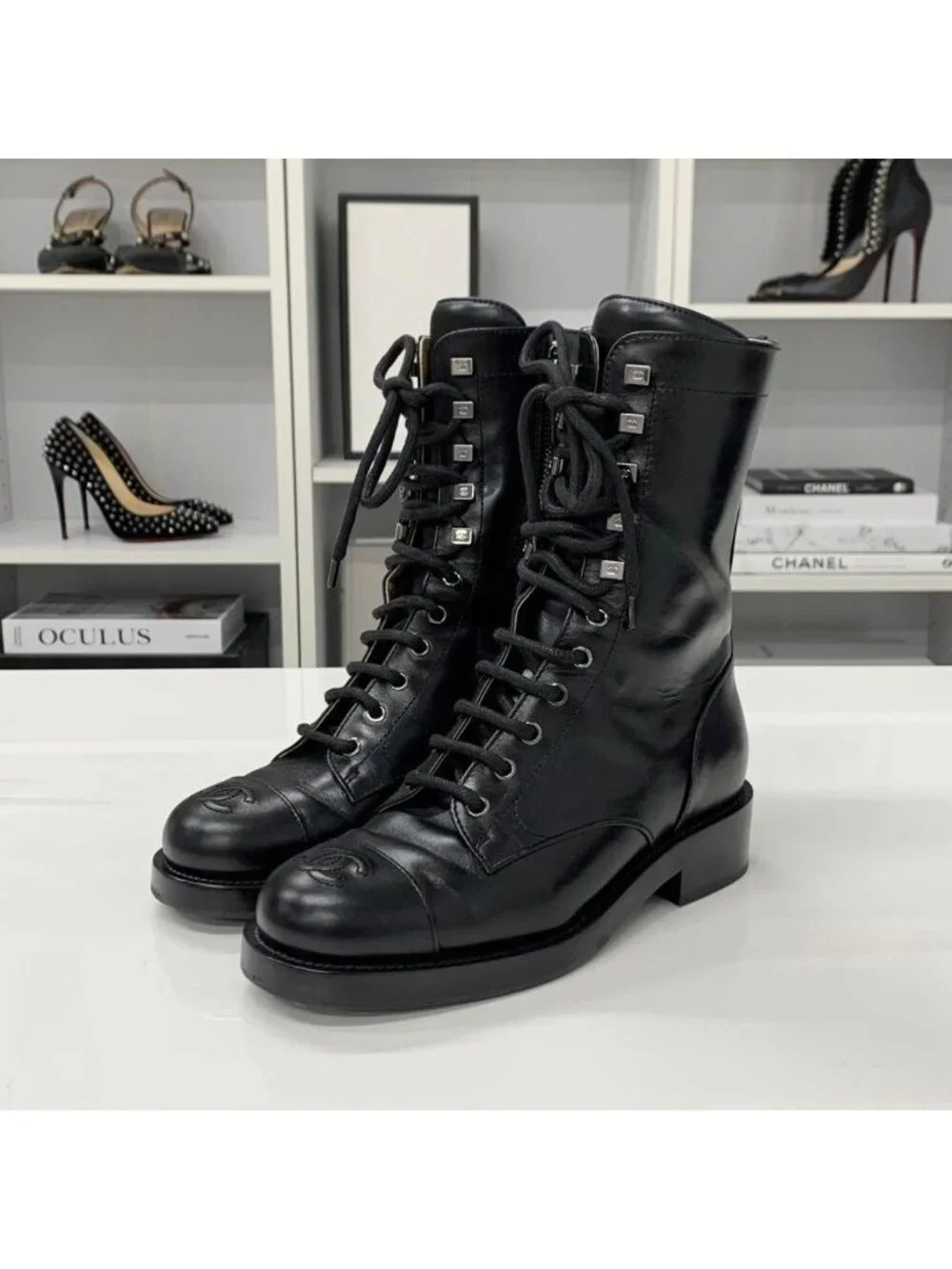 Chanel CC Logo Leather Lace-up Short Boots Black
